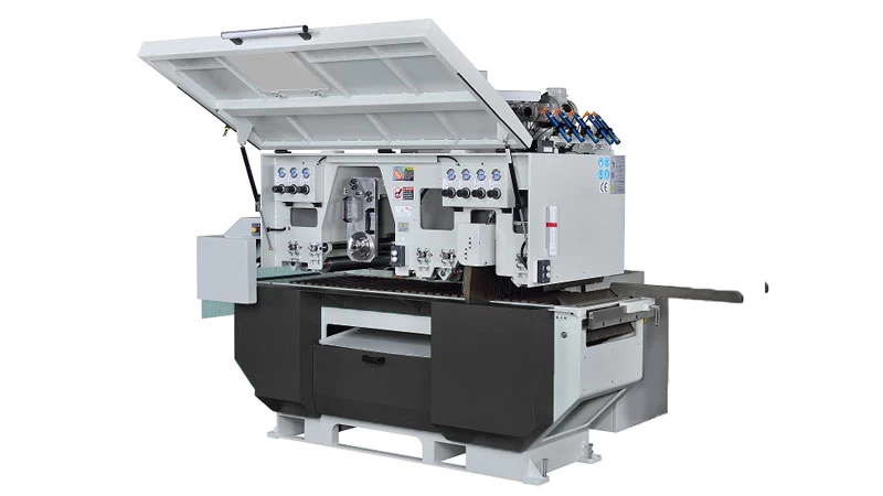 MRS-450 Multiple Rip Saw with open cover, showing the internal cutting mechanism and safety features.