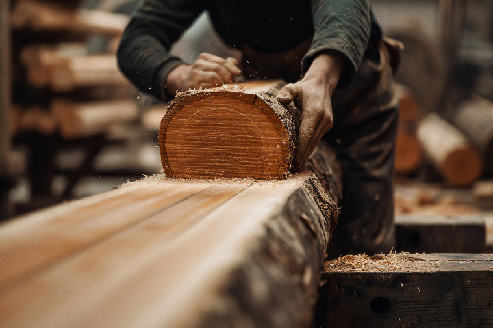 Worker manually sawing a log with visible sawdust, highlighting traditional woodworking techniques and craftsmanship.