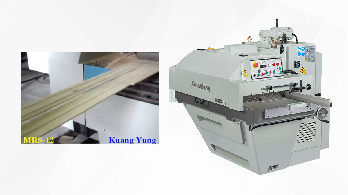 A conveyor system with multiple wooden planks being transported in a woodworking facility, featuring an industrial rip saw for processing the wood.